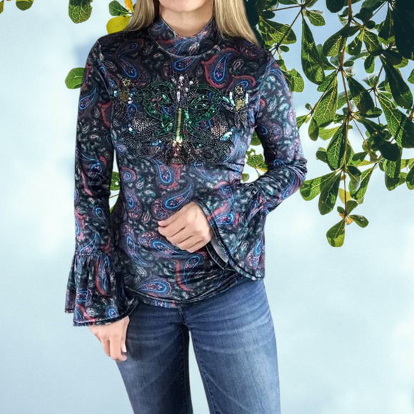 (70% OFF) NWT Free People WE THE FREE Velvet Paisley L'Amour bell sleeve Top - Picture 3 of 6
